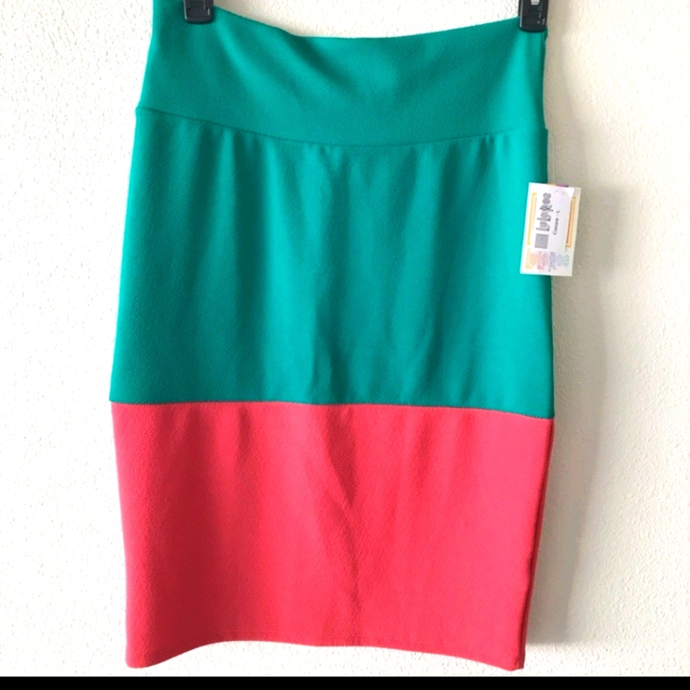NWT LuLaRoe Cassie Green & Pink Pencil Skirt (L)